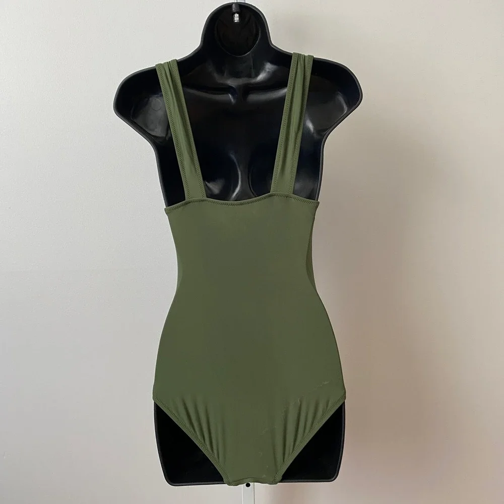 J. Crew Size 2 Olive Green One Piece Swimsuit Ruched V-Neck Swimwear